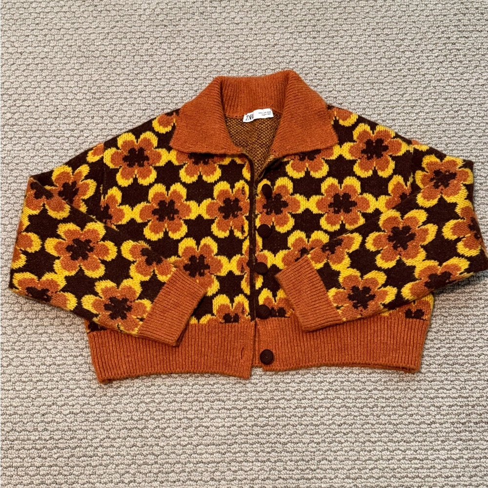 Zara Retro Floral Cropped Sweater